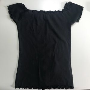 Ribbed ruffle edge black off the shoulder tee